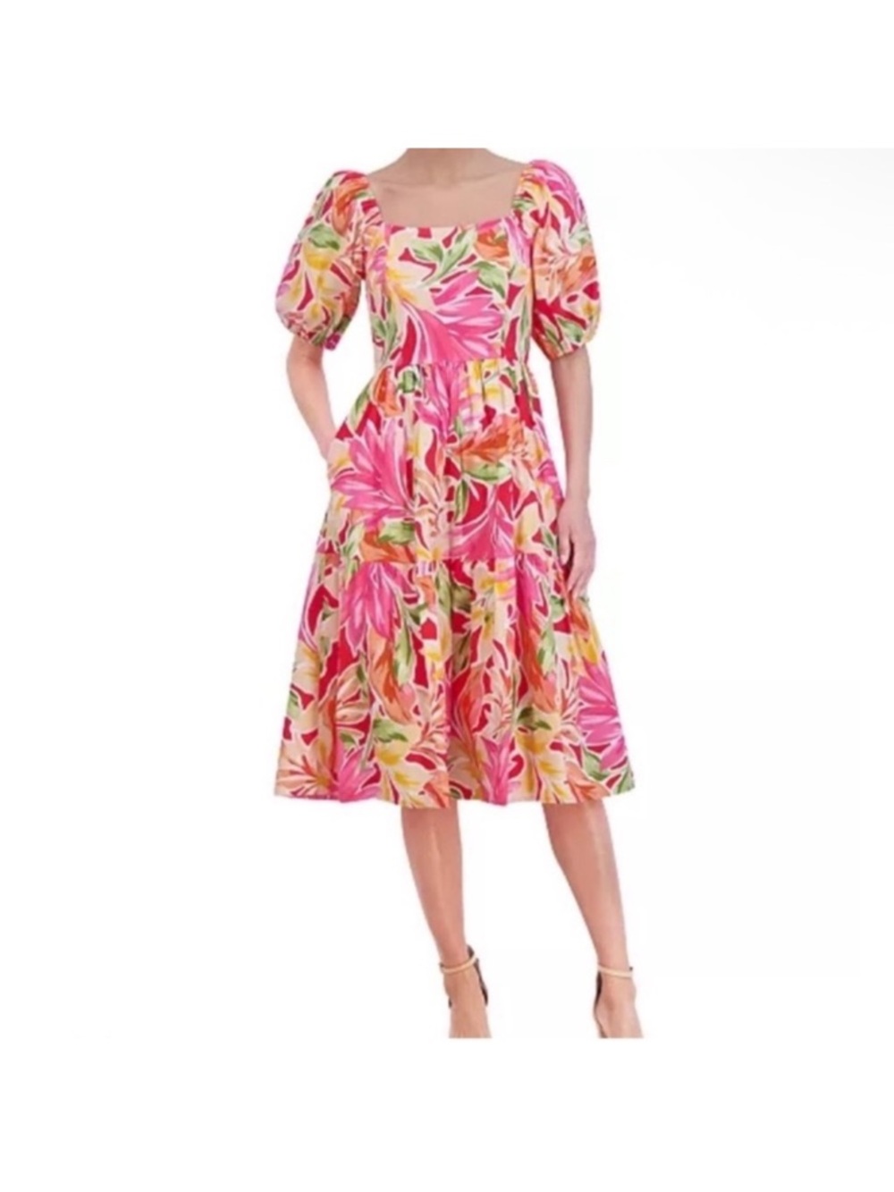 Vince Camuto Pink Floral Puff-Sleeve Midi Dress